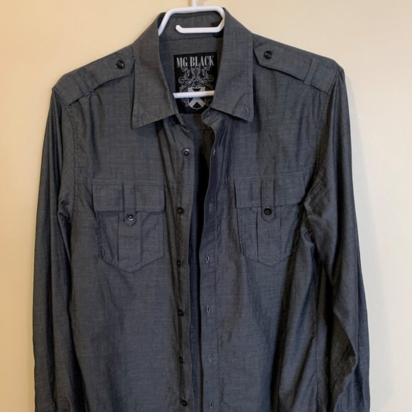 MG Black Men's Shirt Button Down Collar Military Style Size Medium 100% Cotton - Picture 2 of 10
